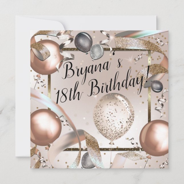 Invitation Rose Gold Rose & Parties scintillant Ballons fête  (Devant)