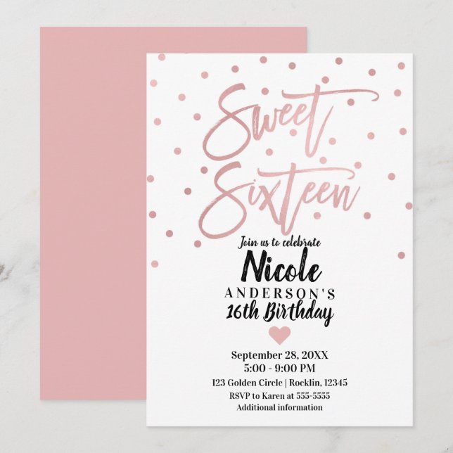 Invitation Rose Gold Rose Script Moderne Sweet 16 Seize (Devant / Derrière)