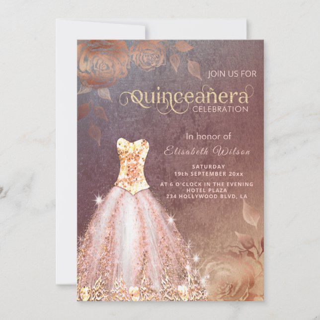 Invitation Rose Gold roses paillettes tendance robe Quinceañe (Devant)