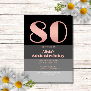 Invitation Rose Gold Script Black Grey Stripes 80e anniversai