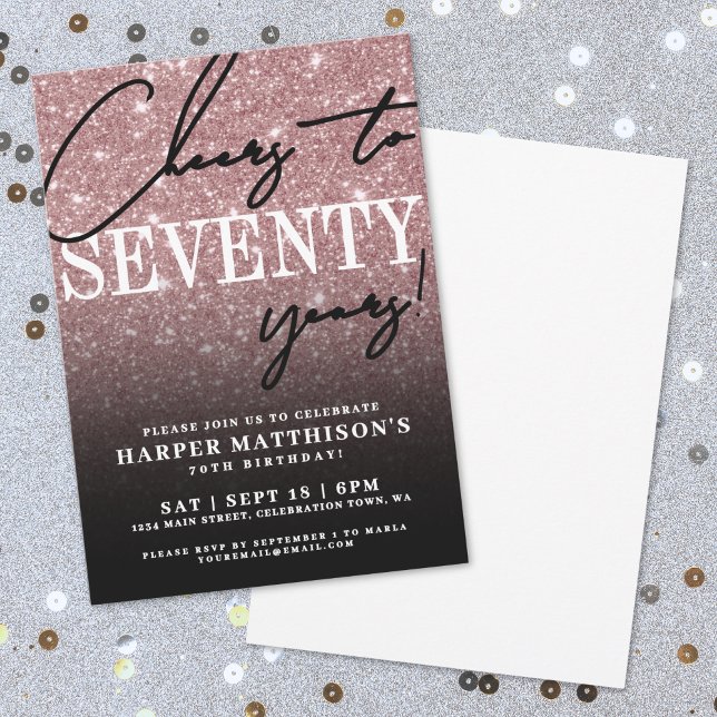 Invitation Rose Gold Seventy 70th Birthday (Black Rose Gold Seventy 70th Birthday Invitation)