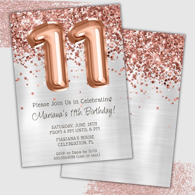 Invitation Rose Gold Silver 11e anniversaire de fête Invitati (Créateur téléchargé)