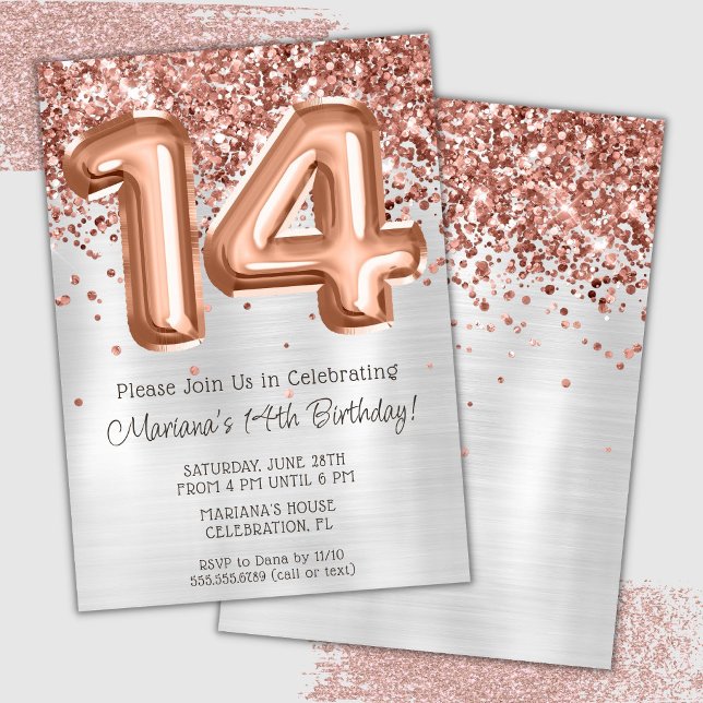 Invitation Rose Gold Silver 14e anniversaire de fête Invitati (Créateur téléchargé)