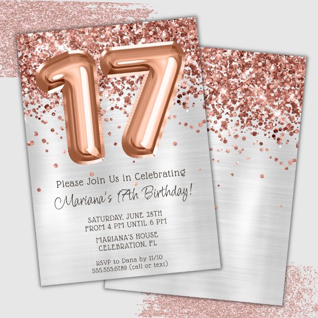 Invitation Rose Gold Silver 17e anniversaire de fête Invitati (Créateur téléchargé)