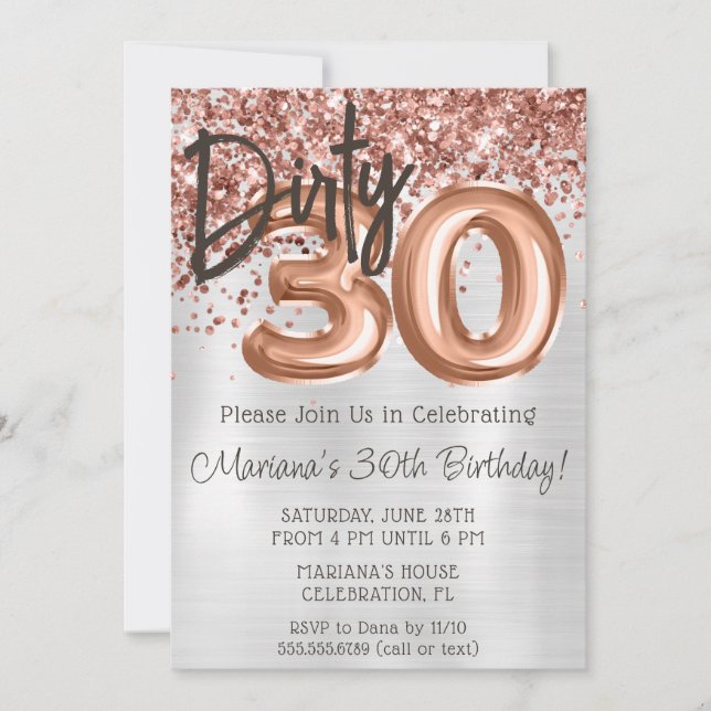 Invitation Rose Gold Silver Dirty 30 Trente Anniversaire (Devant)