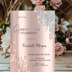 Invitation Rose Gold Silver Glitter Drips Quinceañera