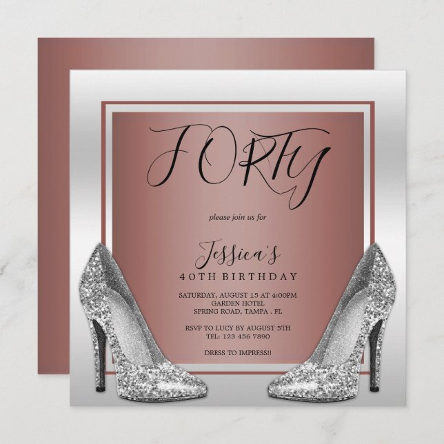 Invitation Rose Gold & Silver Stilettos 40e anniversaire (Devant / Derrière)