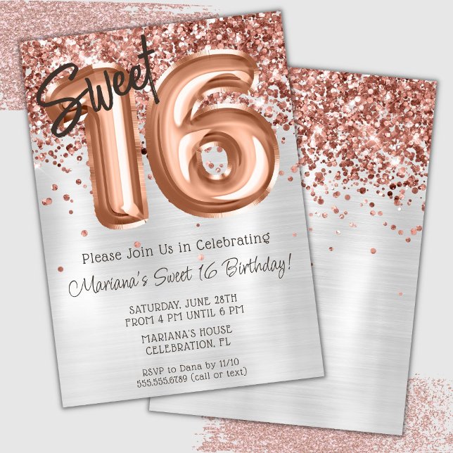 Invitation Rose Gold Silver Sweet 16 fête d'anniversaire (Créateur téléchargé)