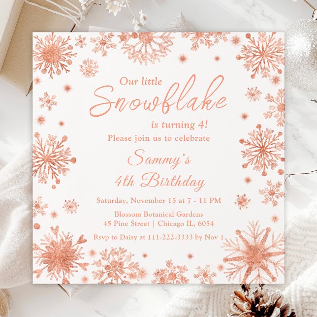 Invitation Rose Gold Snowflakes fête d'anniversaire (Créateur téléchargé)