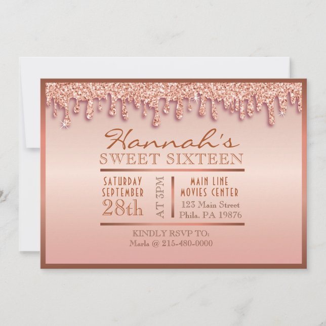 Invitation Rose Gold Sparkle Drippy Sweet sixteen Party (Devant)