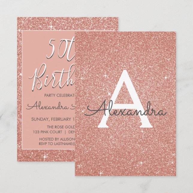 Invitation Rose Gold Sparkle Parties scintillant 50e fête d'a (Devant / Derrière)