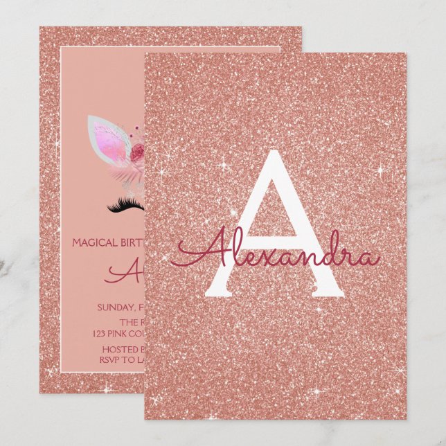 Invitation Rose Gold Sparkle Parties scintillant Magique Unic (Devant / Derrière)