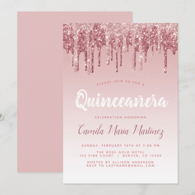 Invitation Rose Gold Sparkle Parties scintillant Quinceanera  (Devant / Derrière)