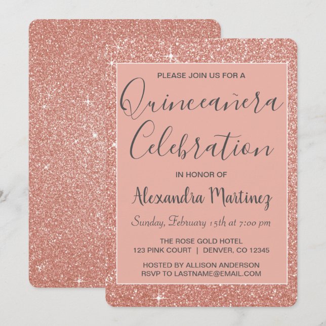 Invitation Rose Gold Sparkle Parties scintillant Quinceanera  (Devant / Derrière)