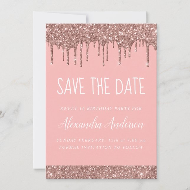 Invitation Rose Gold Sparkle Parties scintillant Sweet 16 Enr (Devant)