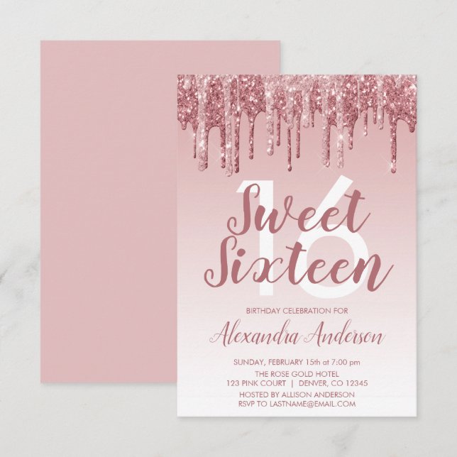 Invitation Rose Gold Sparkle Parties scintillant Sweet sixtee (Devant / Derrière)