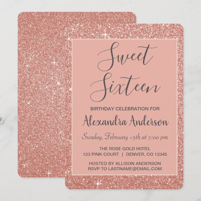 Invitation Rose Gold Sparkle Parties scintillant Sweet sixtee (Devant / Derrière)