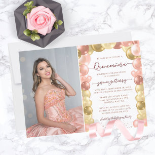 Invitation Rose Gold Sparkle Photo Quinceañera Balloon