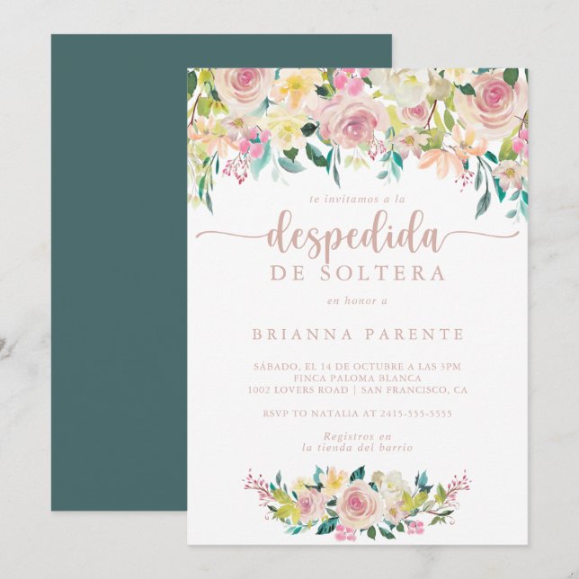 Invitation Rose Gold Spring Florale Fête des mariées espagnol (Devant / Derrière)