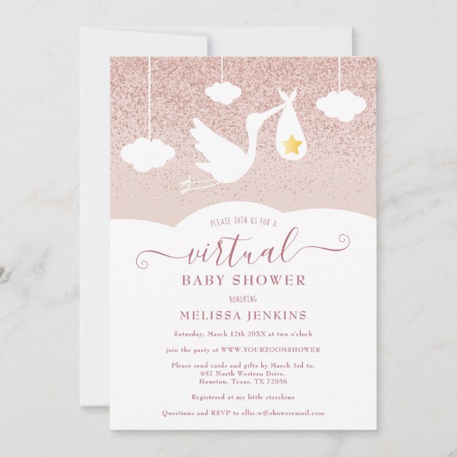 Invitation Rose Gold Star Stork Parties scintillant Baby show (Devant)