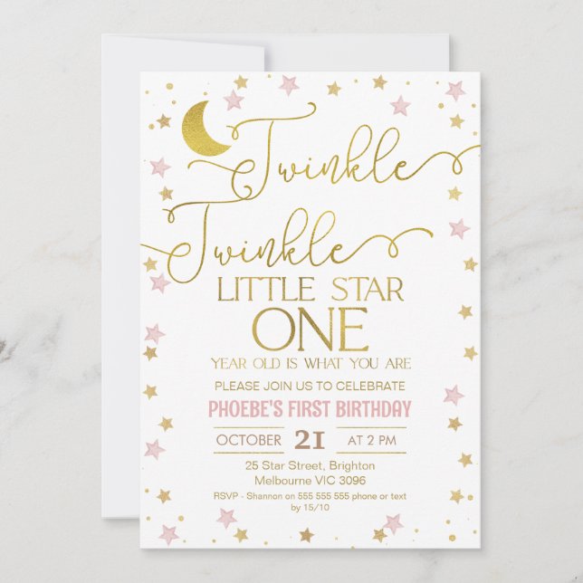 Invitation Rose Gold Stars Twinkle Little Star 1er anniversai (Devant)