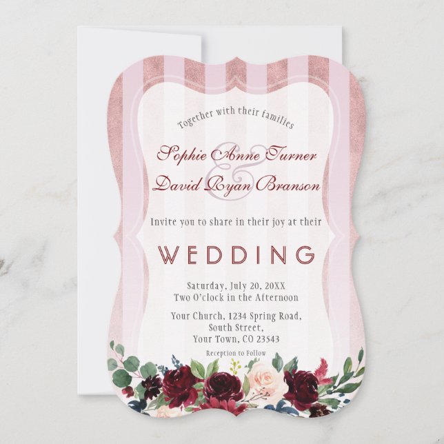 Invitation Rose Gold Stripes Bourgogne Blush Fleurs Mariage (Devant)