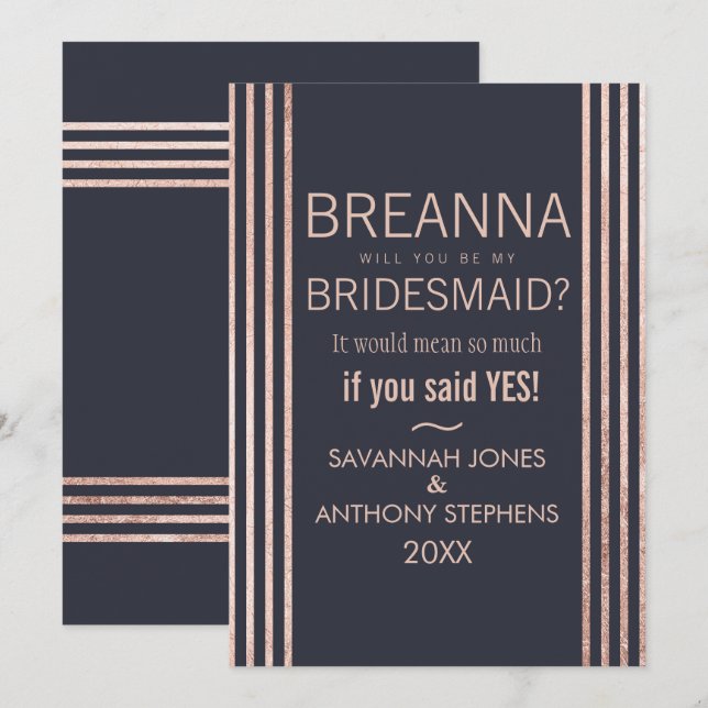 Invitation Rose Gold Stripes et Navy Blue Bridesmaitres (Devant / Derrière)