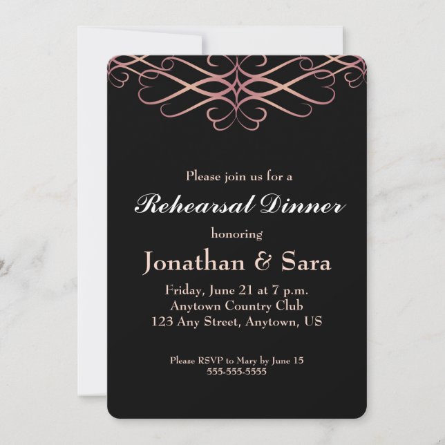 Invitation Rose Gold sur noir, élégant dîner de répétition (Devant)
