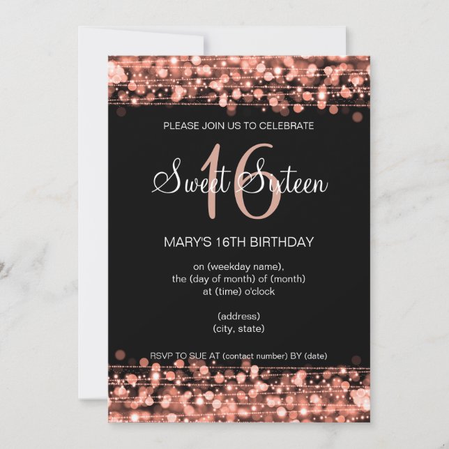 Invitation Rose Gold Sweet 16 Anniversaire Fête Étincelles (Devant)