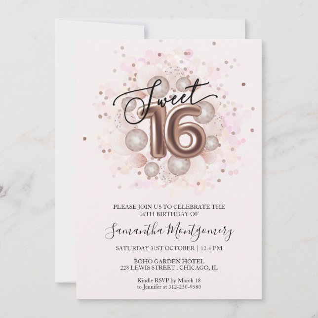 Invitation Rose Gold Sweet 16 Aquarelle rose Fille Ballons (Devant)