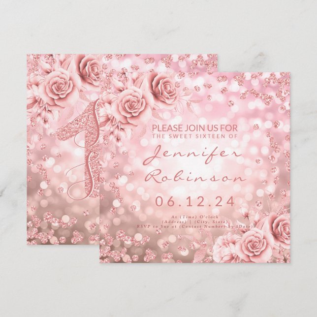 Invitation Rose Gold Sweet 16 Lumières de Parties scintillant (Devant / Derrière)
