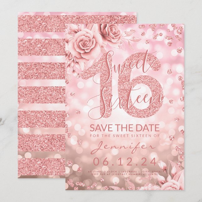 Invitation Rose Gold Sweet 16 Lumières de Parties scintillant (Devant / Derrière)