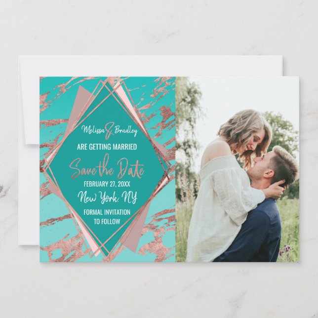 Invitation Rose Gold Teal Vert Marbre Diamant Enregistrer Dat (Devant)