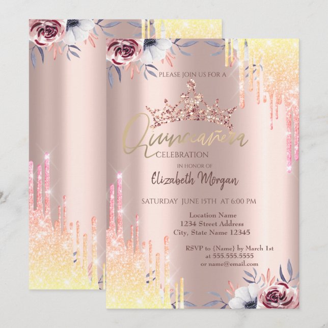 Invitation Rose Gold Tiara Fleurs Quinceañera (Devant / Derrière)