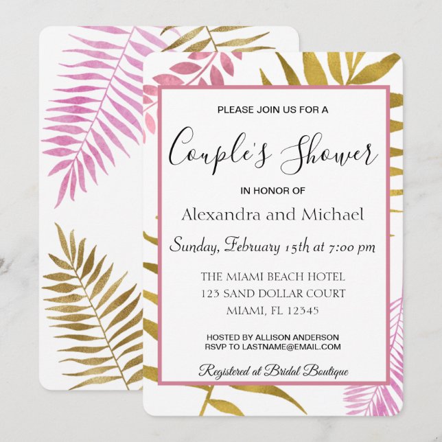 Invitation Rose Gold Tropical Floral Couple's Douche (Devant / Derrière)