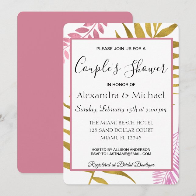 Invitation Rose Gold Tropical Floral Couple's Douche (Devant / Derrière)