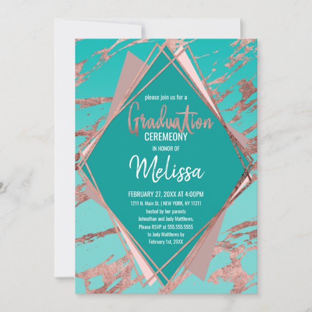 Invitation Rose Gold Turquoise Diamant de marbre vert (Devant)
