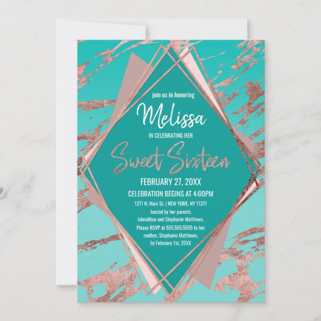 Invitation Rose Gold Turquoise Marbre vert Diamant Sweet 16 (Devant)