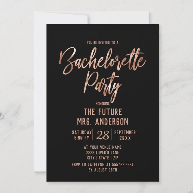 Invitation Rose Gold Typographie Bachelorette Party Invitatio (Devant)