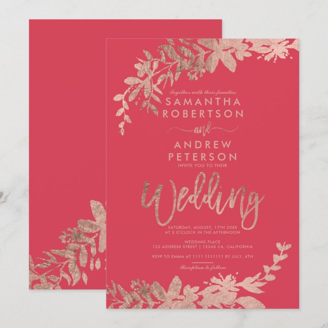 Invitation Rose Gold typographie florale rouge rose mariage (Devant / Derrière)