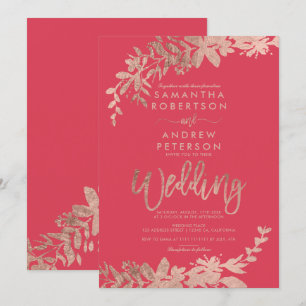 Invitation Rose Gold typographie florale rouge rose mariage