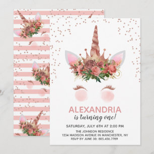 Invitation Rose Gold Unicorn Princess Anniversaire