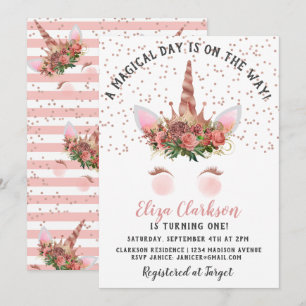 Invitation Rose Gold Unicorn Princess Anniversaire