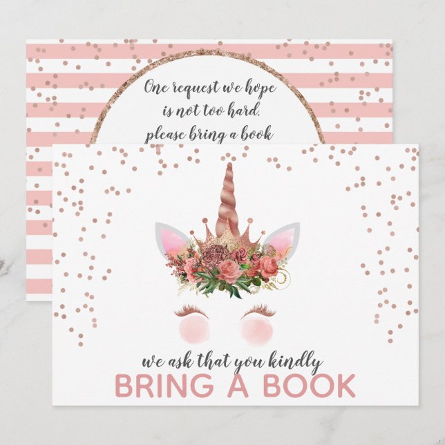 Invitation Rose Gold Unicorn Princess Apportez Un Livre (Devant / Derrière)