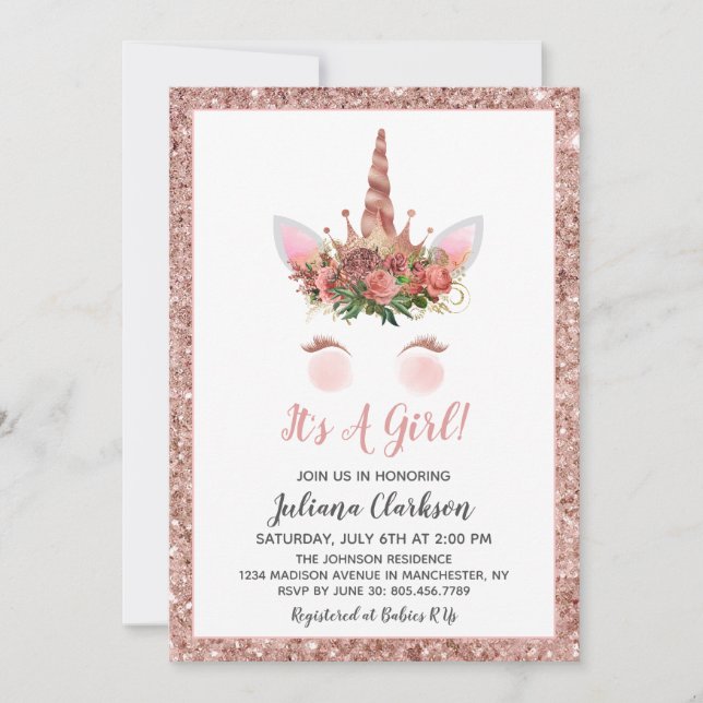 Invitation Rose Gold Unicorn Princess Baby shower (Devant)