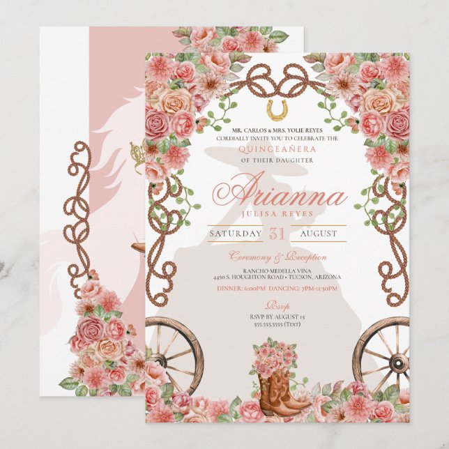 Invitation Rose Gold Western Charra Ranchera Quinceañera (Devant / Derrière)