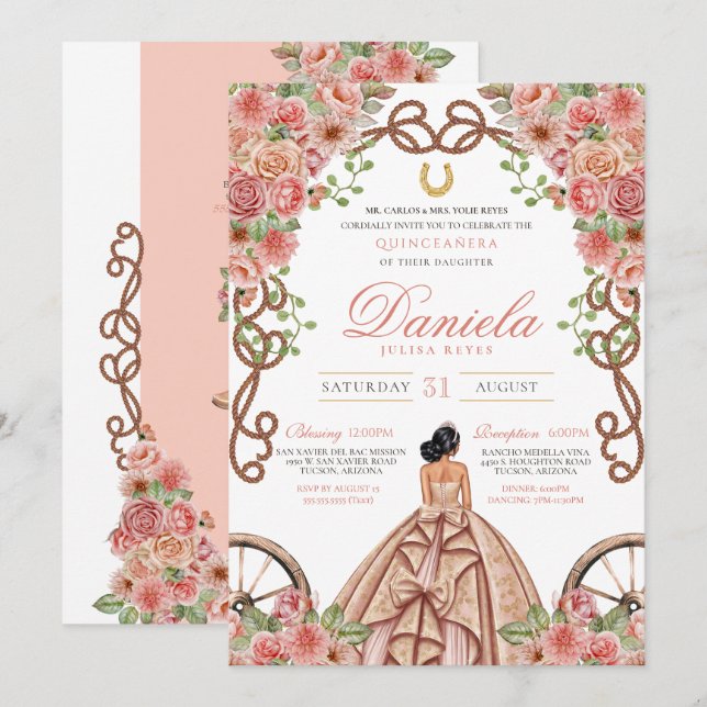 Invitation Rose Gold Western Charro Rustique rose Quinceanera (Devant / Derrière)