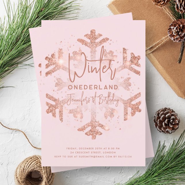 Invitation Rose Gold Winter ONÉDORELAND 1er Anniversaire Blus (Rose Gold Winter ONEDERLAND 1st Birthday Blush Invitation)
