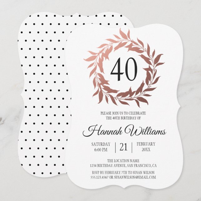 Invitation Rose Gold Wreath 40e fête d'anniversaire (Devant / Derrière)