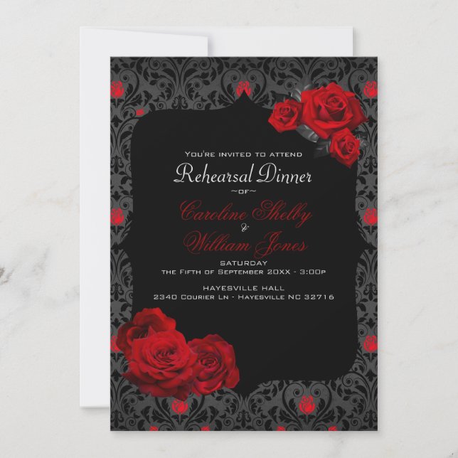 Invitation Rose gothique Dîner de répétition noir et rouge In (Devant)